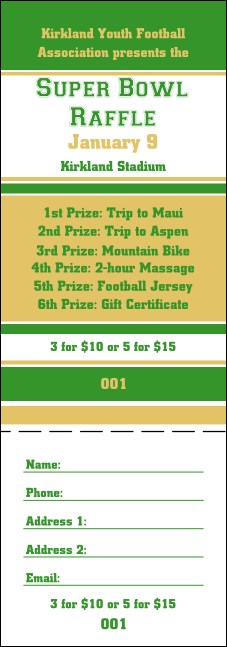 Sports Raffle Ticket 005 in Green and Gold
