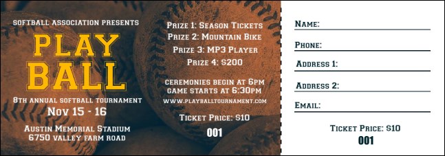 Softball Brown Raffle Ticket Product Front